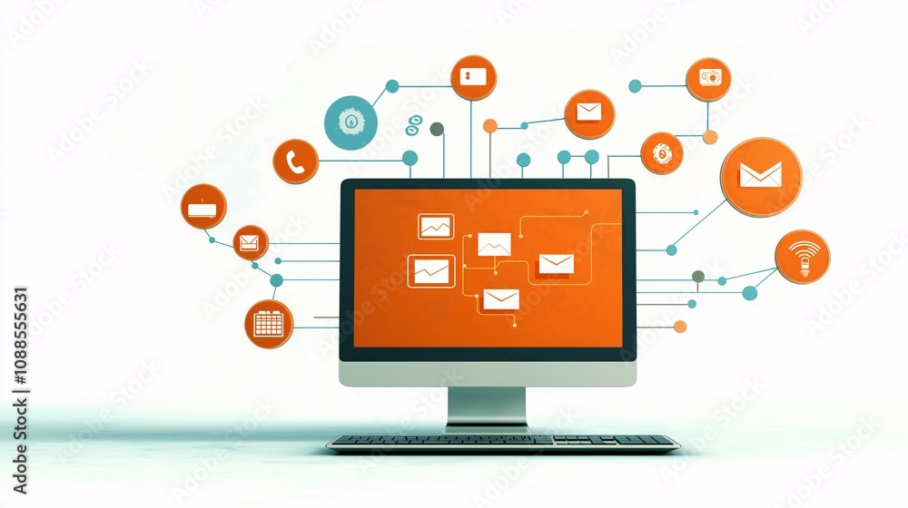 Innovative Creative Design Concept of Computer Screen with Colorful Communication Icons and Connected Digital Elements Representing Modern Technology Interaction Innovative Creative Design Concept of Computer Screen with Colorful Communication Icons and Connected Digital Elements Representing Modern Technology Interaction