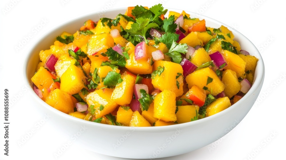A refreshing bowl of mango salsa with diced mango, red onion, cilantro A refreshing bowl of mango salsa with diced mango, red onion, cilantro