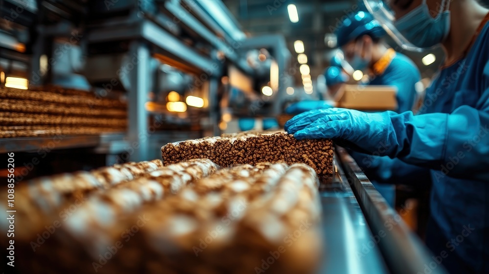 This image shows workers expertly packaging goods on a bustling factory assembly line, demonstrating teamwork and precision in their manufacturing processes. This image shows workers expertly packaging goods on a bustling factory assembly line, demonstrating teamwork and precision in their manufacturing processes.