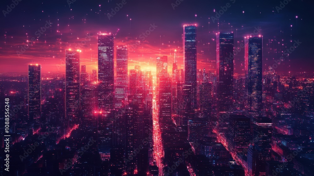 Fototapeta premium Urban smart city with integrated 5G networks, digital communication, and IoT devices