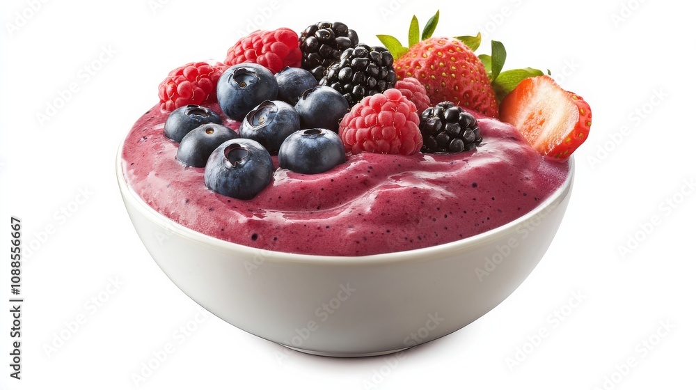 A refreshing bowl of mixed berry smoothie with strawberries, blueberries, raspberries A refreshing bowl of mixed berry smoothie with strawberries, blueberries, raspberries