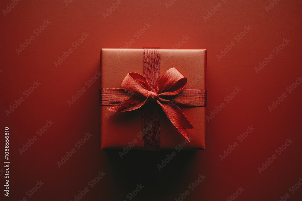 Red gift box with a red bow on a white background, surrounded by scattered gold confetti. Red gift box with a red bow on a white background, surrounded by scattered gold confetti.