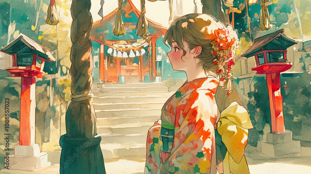 Naklejka premium 日本の新年を祝う、初詣に行く女性,神社,振袖,着物,和,