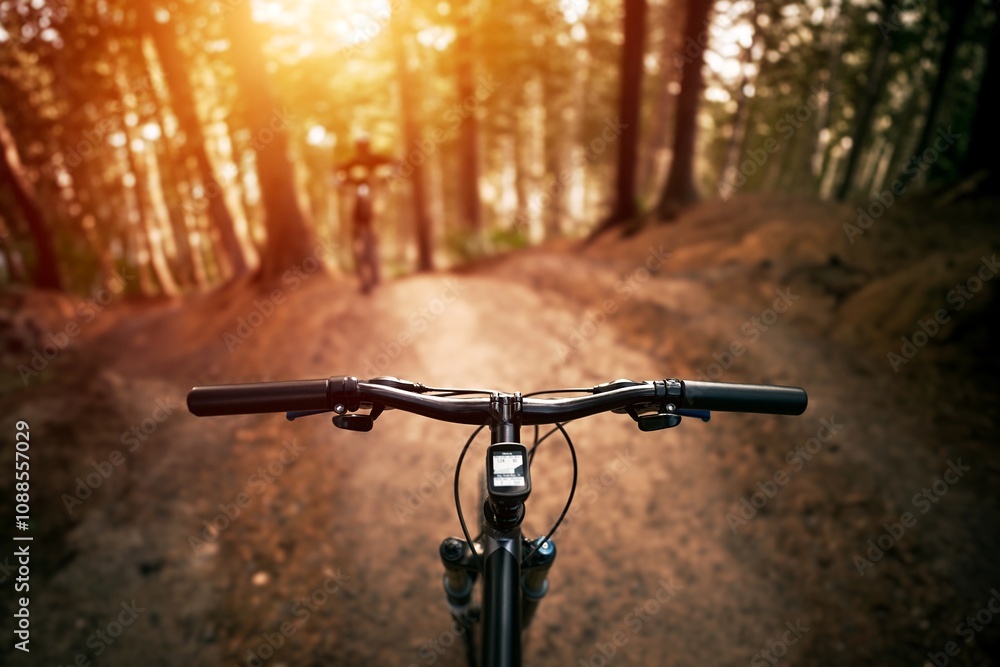 Naklejka premium Mountain Biking POV: Speeding Through Forest Trails