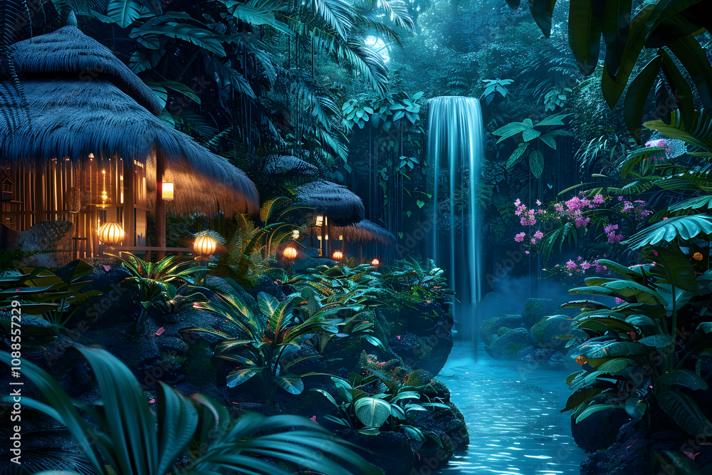Photo inspiration: Visual Reference: Lush Tropical Paradise With Vibrant Jungle Foliage Miniature Thatched