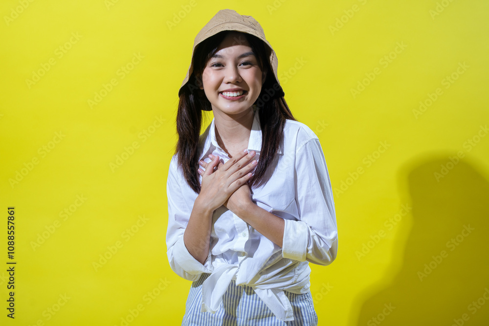 An Asian woman wearing a beige hat and a white shirt with striped pants stands against a yellow background, looking surprised with her hands on her chest and her mouth open in amazement. An Asian woman wearing a beige hat and a white shirt with striped pants stands against a yellow background, looking surprised with her hands on her chest and her mouth open in amazement.