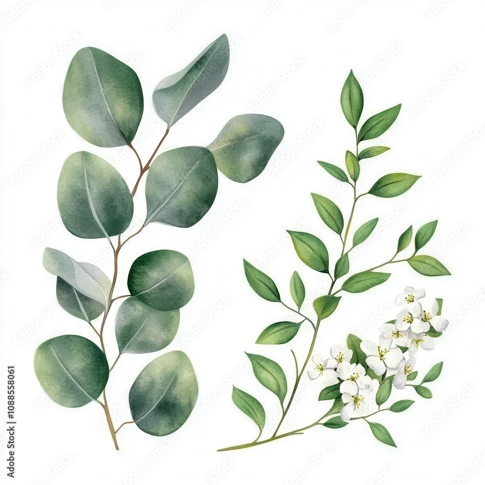 A vibrant illustration of green leaves and white flowers, showcasing natural beauty and botanical diversity. A vibrant illustration of green leaves and white flowers, showcasing natural beauty and botanical diversity.
