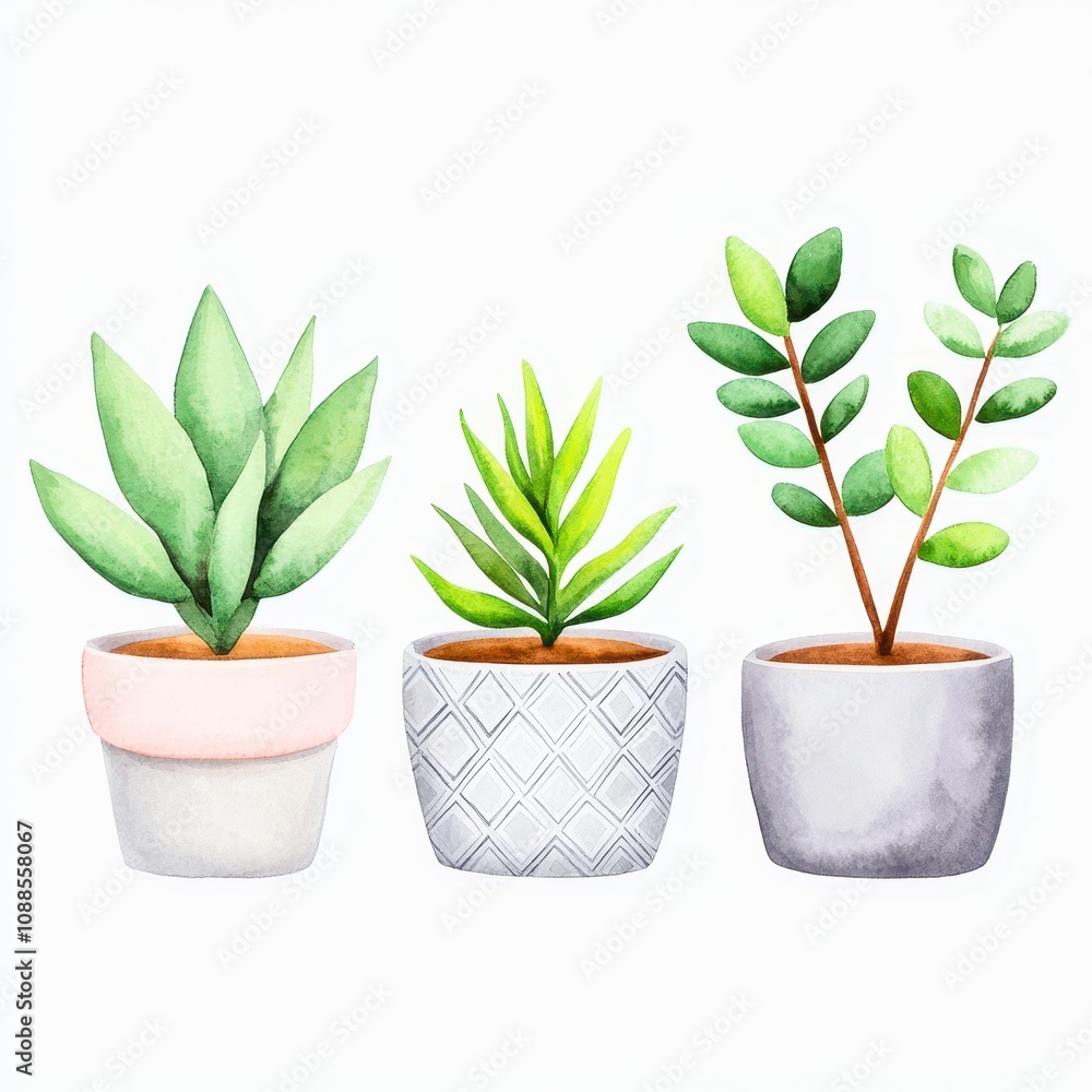 A vibrant watercolor illustration of three potted plants, showcasing various green foliage in decorative pots. A vibrant watercolor illustration of three potted plants, showcasing various green foliage in decorative pots.