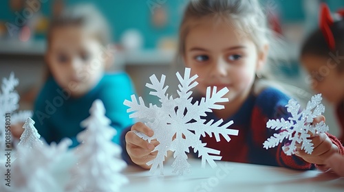 Classroom christmas activities of glittery paper snowflakes made by kids in the arts and crafts or Christmas trees drawn or jingling bells brought. photo