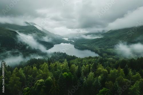 Overcast sky with rolling gray clouds, aerial view of the rugged Scottish highlands, dense green forests with a glacial lake in the bottom right corner