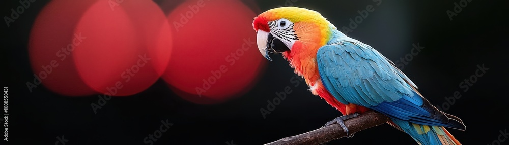 Fototapeta premium A colorful parrot perches on a branch, showcasing vibrant feathers against a blurred background, creating a striking and vivid image.