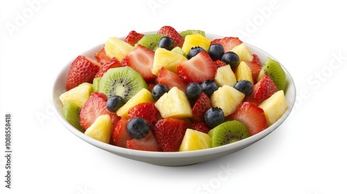 A refreshing bowl of mixed fruit salad with diced strawberries, pineapple chunks, kiwi slices