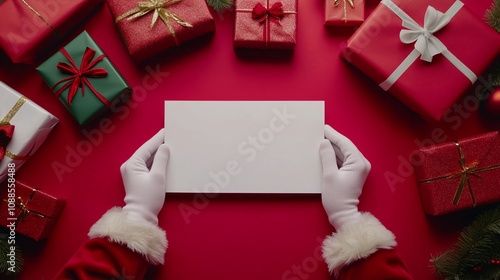 A empty white letter from Santa Claus on the table with hands holding,for writing your own message. photo