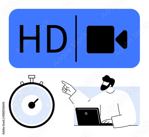 HD video icon, stopwatch indicating precision, and person pointing at laptop for effective planning and content creation. Ideal for productivity, video quality, time management, creativity, planning