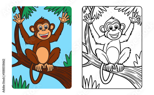 Cheerful monkey ape cartoon character on tree line art for kids coloring page book vector illustration