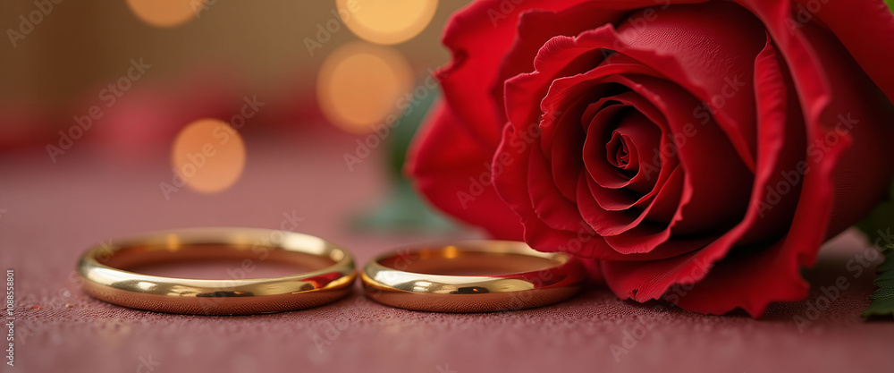 A red rose is placed on a table with two gold wedding rings. Concept of love and commitment, as the rings symbolize a lifelong partnership. The rose adds a touch of romance and beauty to the scene A red rose is placed on a table with two gold wedding rings. Concept of love and commitment, as the rings symbolize a lifelong partnership. The rose adds a touch of romance and beauty to the scene