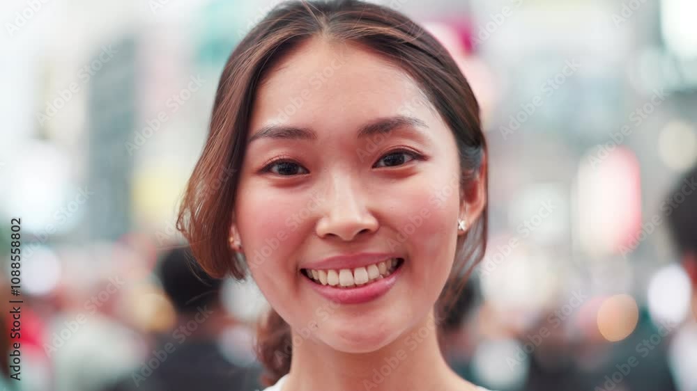 Face, Japanese and woman with smile in city for travel, tourist location and journey for culture vacation. Happy, person and commute of urban morning, holiday and sightseeing for destination in Japan Face, Japanese and woman with smile in city for travel, tourist location and journey for culture vacation. Happy, person and commute of urban morning, holiday and sightseeing for destination in Japan