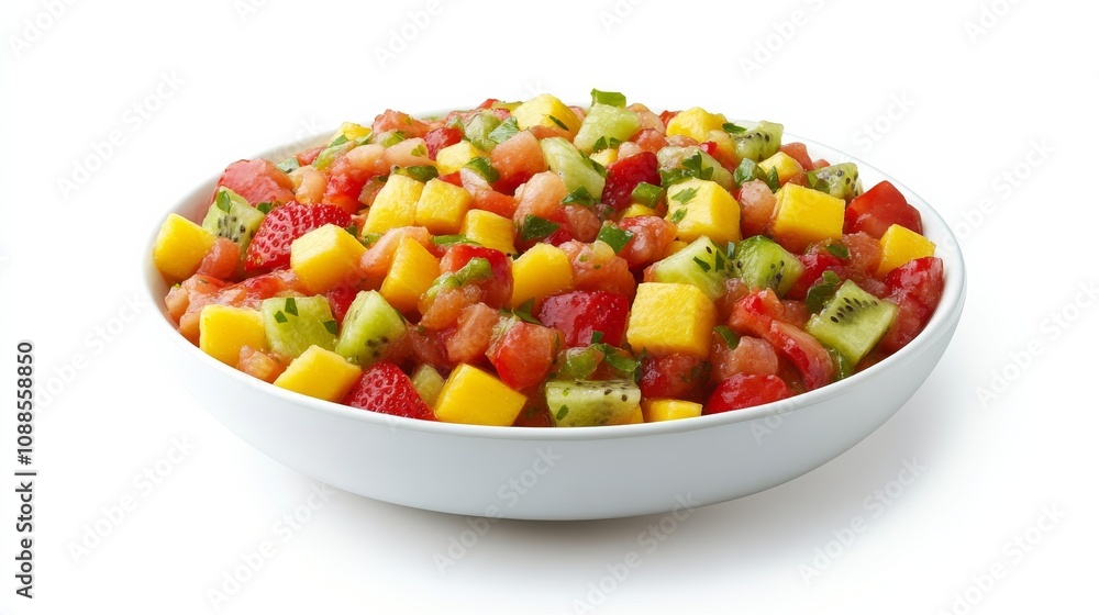 A refreshing bowl of mixed fruit salsa with diced strawberries, kiwi, mango A refreshing bowl of mixed fruit salsa with diced strawberries, kiwi, mango