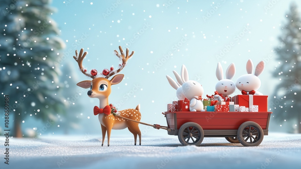 Fototapeta premium Illustration of a group of adorable animals, including deer with antlers adorned in Christmas ornaments and white cute rabbits and Christmas presents in a red wagon.