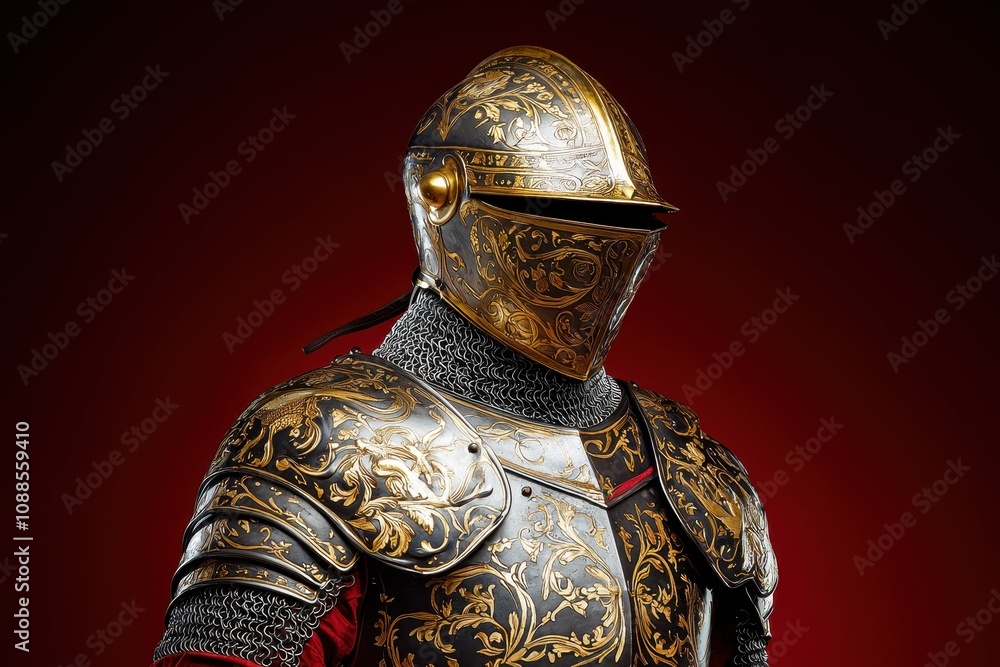 A beautifully crafted suit of armor featuring intricate gold detailing, set against a striking red background. A beautifully crafted suit of armor featuring intricate gold detailing, set against a striking red background.