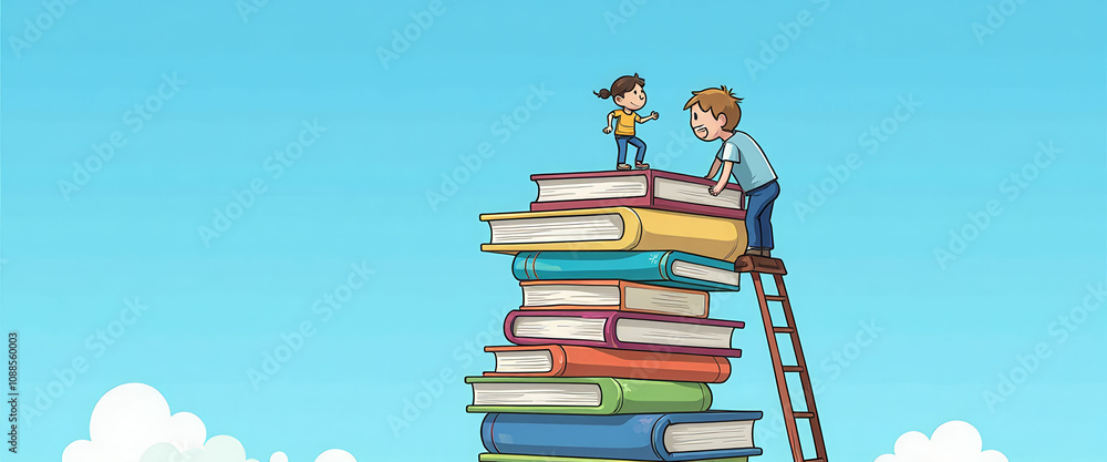 A cartoon of a boy and girl climbing a ladder of books. The book stack is very tall and the children are on top of it A cartoon of a boy and girl climbing a ladder of books. The book stack is very tall and the children are on top of it