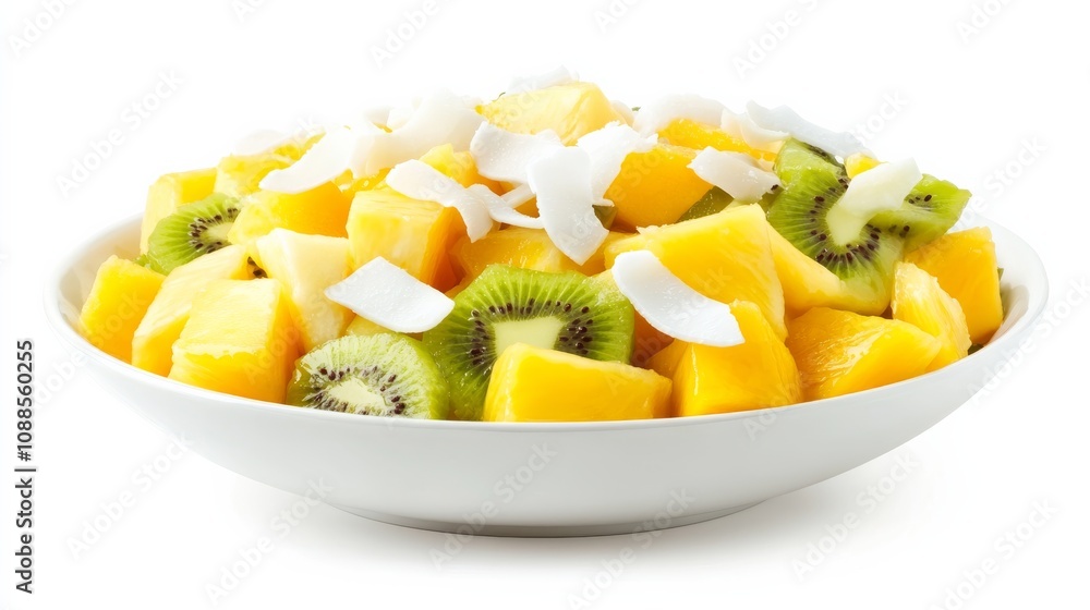 A refreshing bowl of tropical fruit salad with diced mango, pineapple, kiwi A refreshing bowl of tropical fruit salad with diced mango, pineapple, kiwi