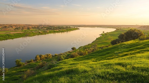 Mesopotamian Civilization: Panoramic Sunset View of Tigris and Euphrates Rivers with Ancient Cities and Lush Greenery