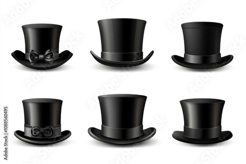 Wallpaper Mural Set of black top hats with a bow, neatly displayed on a white table, ready for a formal event or performance. Torontodigital.ca