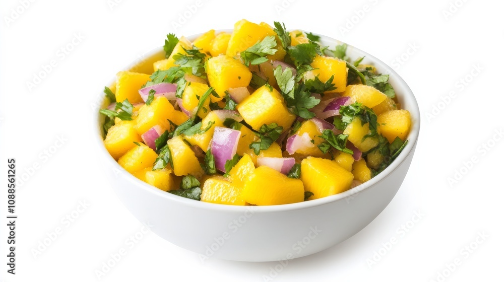 A refreshing bowl of tropical mango salsa with diced mango, red onion, cilantro A refreshing bowl of tropical mango salsa with diced mango, red onion, cilantro