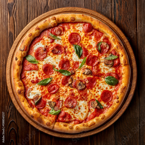 italia diabola pizza top view flat lay on a wooden table photo