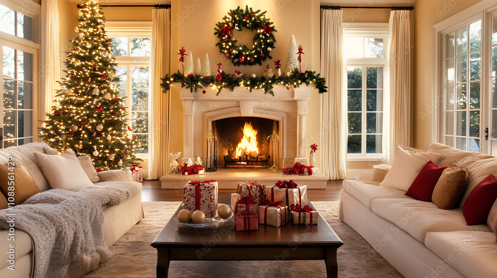 Fototapeta premium A minimalist living room with a touch of festivity, featuring simple yet elegant holiday decor and a warm glowing fireplace 