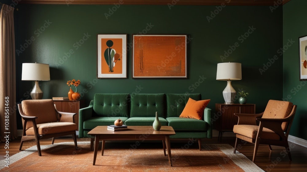 Here's a description and keywords for your image.. Mid-century modern living room with emerald green sofa, orange accents, and wooden furniture. Here's a description and keywords for your image.. Mid-century modern living room with emerald green sofa, orange accents, and wooden furniture.