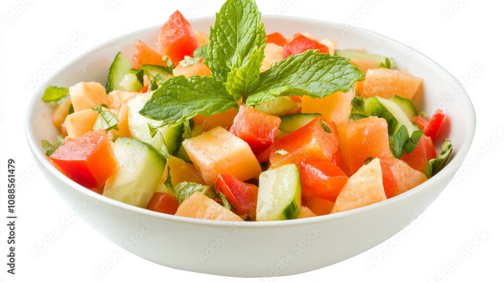 A refreshing bowl of tropical papaya salad with diced papaya, cucumber, red bell pepper A refreshing bowl of tropical papaya salad with diced papaya, cucumber, red bell pepper
