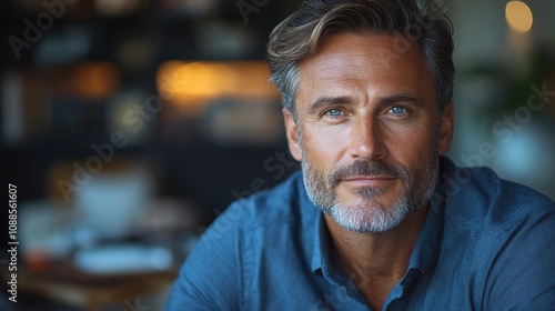 Middle-aged businessman looking at camera working holding smartphone. Mature 45 years old business man executive, business owner or entrepreneur sitting at desk using mobile cell phone photo