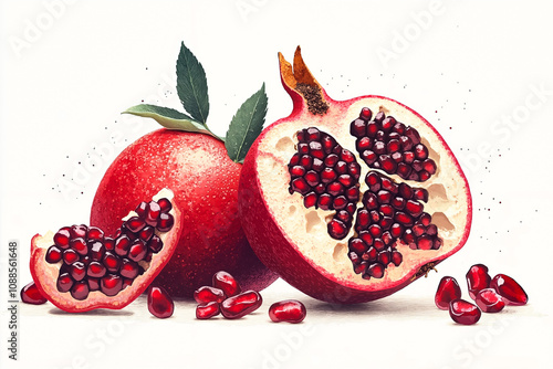 A pomegranate cut in half with a leaf on top of it photo