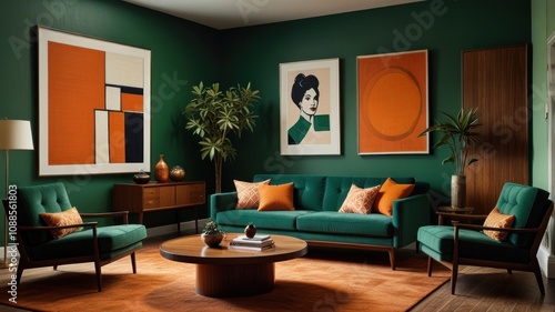 Here's a possible  and keyword list for your stock photo.. Mid-century modern living room with emerald green walls, orange accents, and vintage furniture. photo