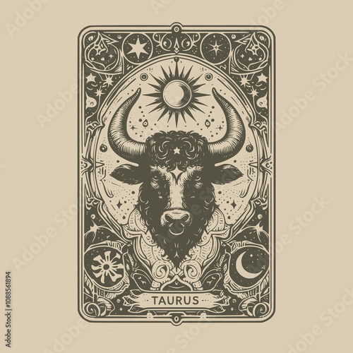 vintage styled taurus zodiak tarot tattoo
