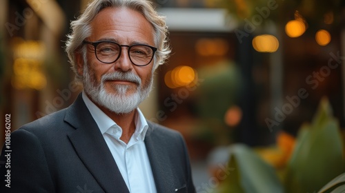 Happy mature older business man entrepreneur wearing suit using mobile cell phone outdoors. Middle-aged businessman executive holding smartphone looking at camera standing outside office