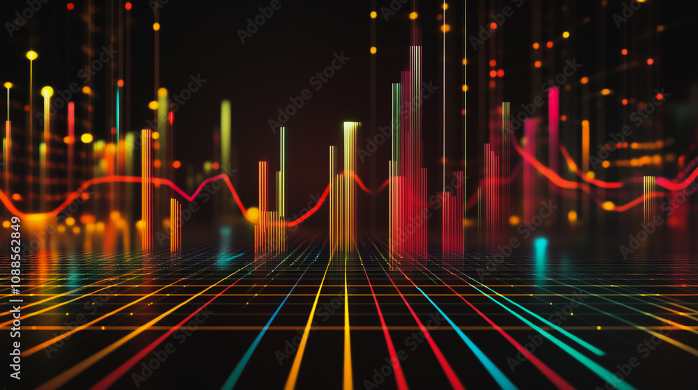 Abstract black background with Colorful charts and graphs with statistics to innovative analyze business potential and forecast future development of companies growth. Abstract black background with Colorful charts and graphs with statistics to innovative analyze business potential and forecast future development of companies growth.