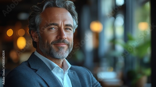 Happy confident mature 45-year-old business man investor standing in office looking away. Middle-aged rich business owner male CEO executive leader wearing suit at work thinking on future success