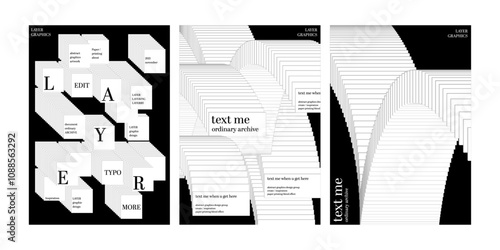paper layer blend effect error window graphic design poster template set pile up layout a4 black white monochrome abstract square pattern concept trendy modern minimal style front cover flyer printing