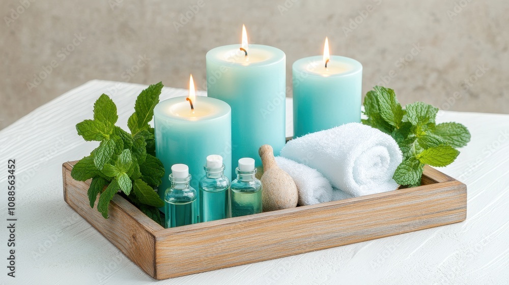 Revitalize Your Senses: Tranquil Spa Scene with Teal Candles and Fresh Mint Leaves Revitalize Your Senses: Tranquil Spa Scene with Teal Candles and Fresh Mint Leaves