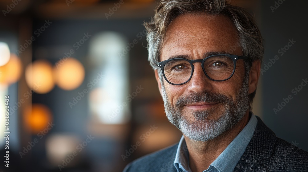 Fototapeta premium Close-up headshot portrait of happy middle-aged older professional business man, smiling bearded mature executive CEO manager, older male entrepreneur, rich confident business owner in office