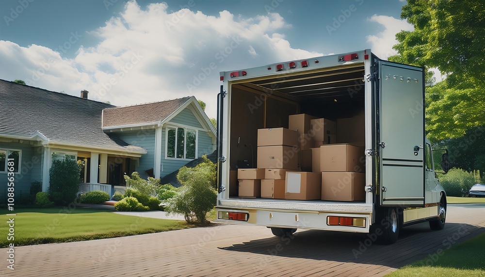 Moving Truck Filled With Boxes Parked Outside a Suburban House Moving Truck Filled With Boxes Parked Outside a Suburban House