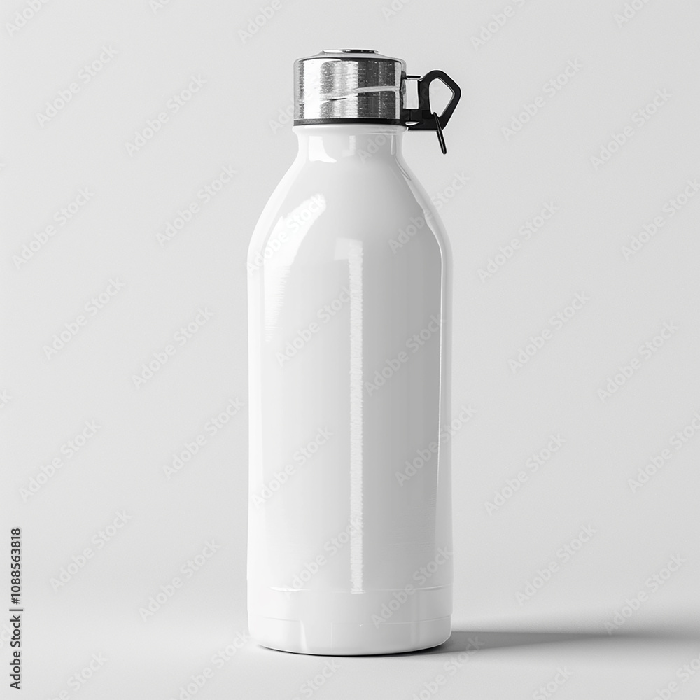 Sleek and Modern White Stainless Steel Water Bottle with Silver Lid on a Minimalistic Background for Hydration and Outdoor Adventures Sleek and Modern White Stainless Steel Water Bottle with Silver Lid on a Minimalistic Background for Hydration and Outdoor Adventures