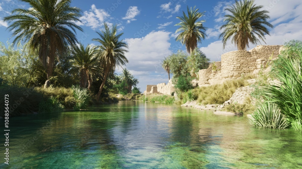 Mesopotamian Oasis: Ancient Stone Structures Amidst Palm Trees Reflecting the Vitality of Natural Resources Mesopotamian Oasis: Ancient Stone Structures Amidst Palm Trees Reflecting the Vitality of Natural Resources