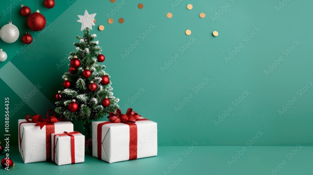Naklejka premium Festive scene with Christmas tree and wrapped gifts.