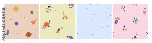 Scandinavian patterns set, seamless designs with cute dinosaurs, stars and planets. Space and cosmos background in kids kawaii Scandi style. Childs pint, flat vector illustration for fabric, textile