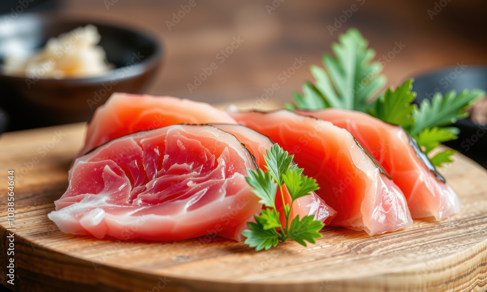 Fresh tuna sashimi served on wooden board, garnished with green leaves, showcasing vibrant colors and delicate texture. perfect dish for seafood lovers Fresh tuna sashimi served on wooden board, garnished with green leaves, showcasing vibrant colors and delicate texture. perfect dish for seafood lovers