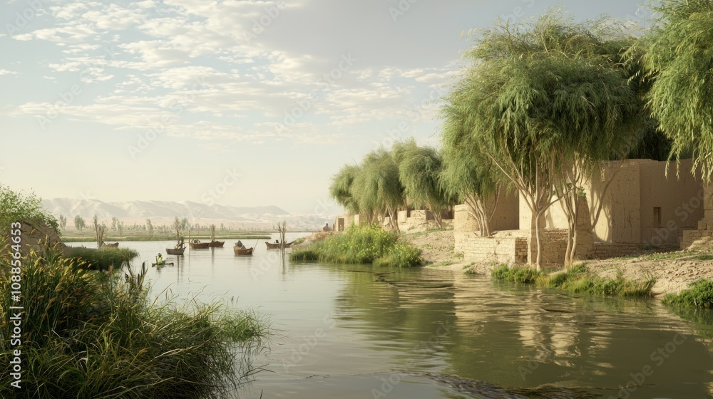 Fototapeta premium Mesopotamian Serenity: Ancient Civilization Along the Euphrates River | Illustrated Connection Between Nature and Early Society
